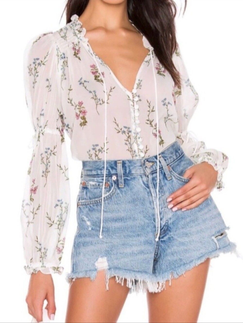 For Love & Lemons Ivory Silk Floral Sheer Delta Blouse Size Medium